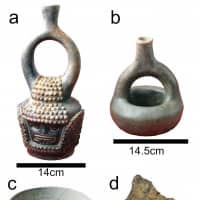 This composite image provided by researchers in October shows artifacts from the Santa Ana-La Florida archaeological site in southeast Ecuador, made by the Mayo Chinchipe culture. A and B are stirrup spout bottles used to hold beverages. C is a stone bowl, and similar (ceramic, wood, etc.) bowls are still used today to serve fermented beer. D is a shard of a pottery vessel. | FRANCISCO VALDEZ, CLAIRE LANAUD / VIA AP