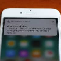 The first test of the national wireless emergency system by the Federal Emergency Management Agency is shown on a cellular phone in Detroit Wednesday. About 225 million electrtonic devices across the United States received alerts from FEMA Wednesday afternoon. | AP