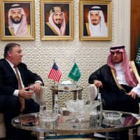 U.S. Secretary of State Mike Pompeo (left) meets with Saudi Foreign Minister Adel al-Jubeir in Riyadh Oct. 16. Adel al-Jubeir said Sunday the kingdom did not know where the body of slain journalist Jamal Khashoggi was, despite admitting to the killing and calling it a \"tremendous mistake.\" | AFP-JIJI