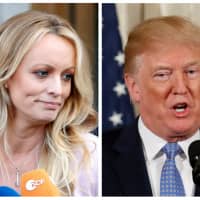 Adult film actress Stephanie Clifford, also known as Stormy Daniels, is seen in New York City in April, and U.S. President Donald Trump in Washington. | REUTERS