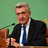 U.N. High Commissioner for Refugees Filippo Grandi speaks during a news conference at Japan National Press Club in Tokyo on Friday. | YOSHIAKI MIURA