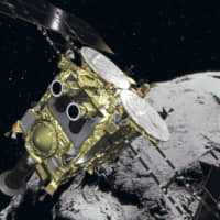 This illustration provided by JAXA shows space probe Hayabusa2 approaching the Ryugu asteroid. JAXA said it has postponed the planned touchdown of Hayabusa2 to January from October. | JAXA VIA KYODO