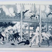 A woodblock print by Tsukioka Yoshitoshi　depicts a battle between pro-Imperial and pro-shogunate samurai in the Ueno district of Tokyo in 1868. The battle was part of the Boshin Civil War, which led to the establishment of the modern Meiji government. | EDO TOKYO MUSEUM