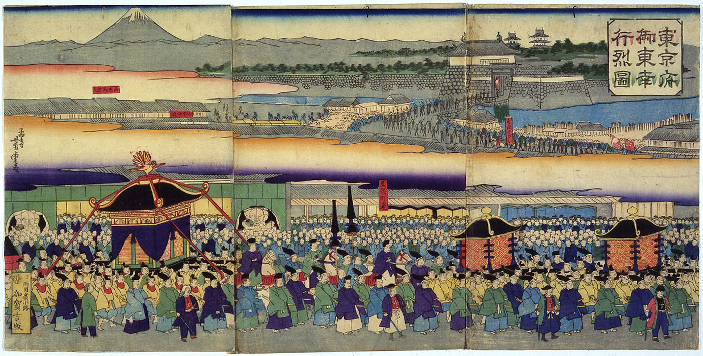 A woodblock print by Utagawa Yoshitora shows the parade of Emperor Meiji and his followers heading from Kyoto to Tokyo, renamed from Edo, in 1869 following the Meiji Restoration in the previous year. With the relocation of the Imperial Palace, Tokyo officially became Japan’s capital. | EDO-TOKYO MUSEUM