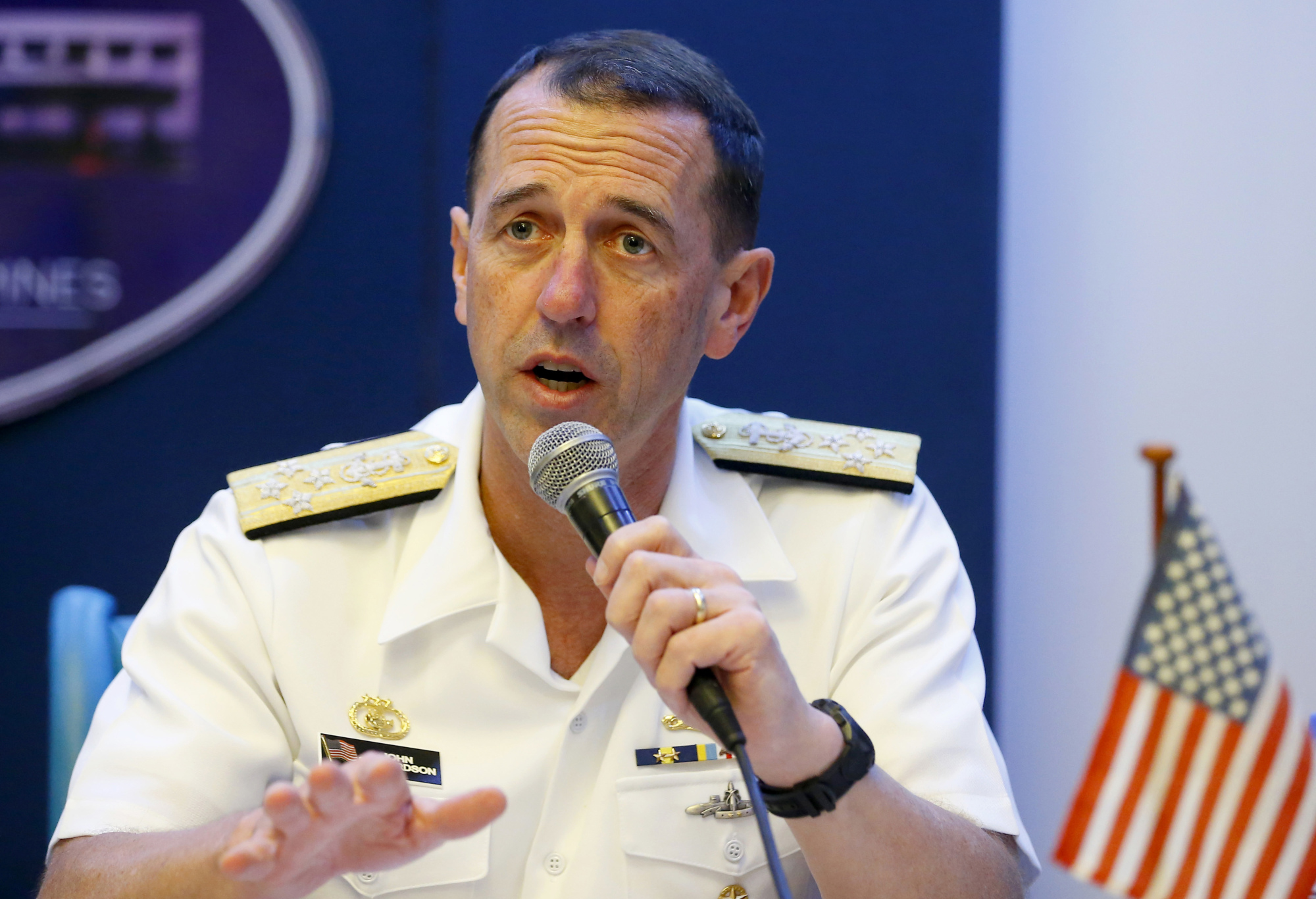 Chief of Naval Operations Adm. John Richardson confirms Monday at a news conference in Quezon City, Philippines, that the U.S. Navy will continue patrolling the South China Sea even after a Chinese destroyer came dangerously close to one of its ships during a 'freedom of navigation' operation this month near a disputed reef. | AP