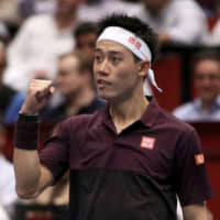 Kei Nishikori reacts after winning against Dominic Thiem in the Erste Bank Open men\'s quarterfinals on Friday in Vienna. | AP