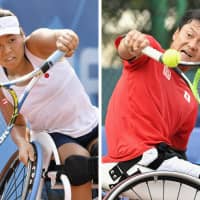 Yui Kamiji (left) and Shingo Kunieda won the men\'s and women\'s singles competitions at the Asia Para Games on Friday in Jakarta. | KYODO