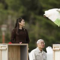 Princess Mako, eldest daughter of Prince Akishino and Princess Kiko, attends a ceremony on Sado Island, Niigata Prefecture, on Monday to mark the 10th anniversary of the start of a project to release captive-bred crested ibises into the wild. Over 300 birds have been released into their natural habitat over the past decade. | KYODO
