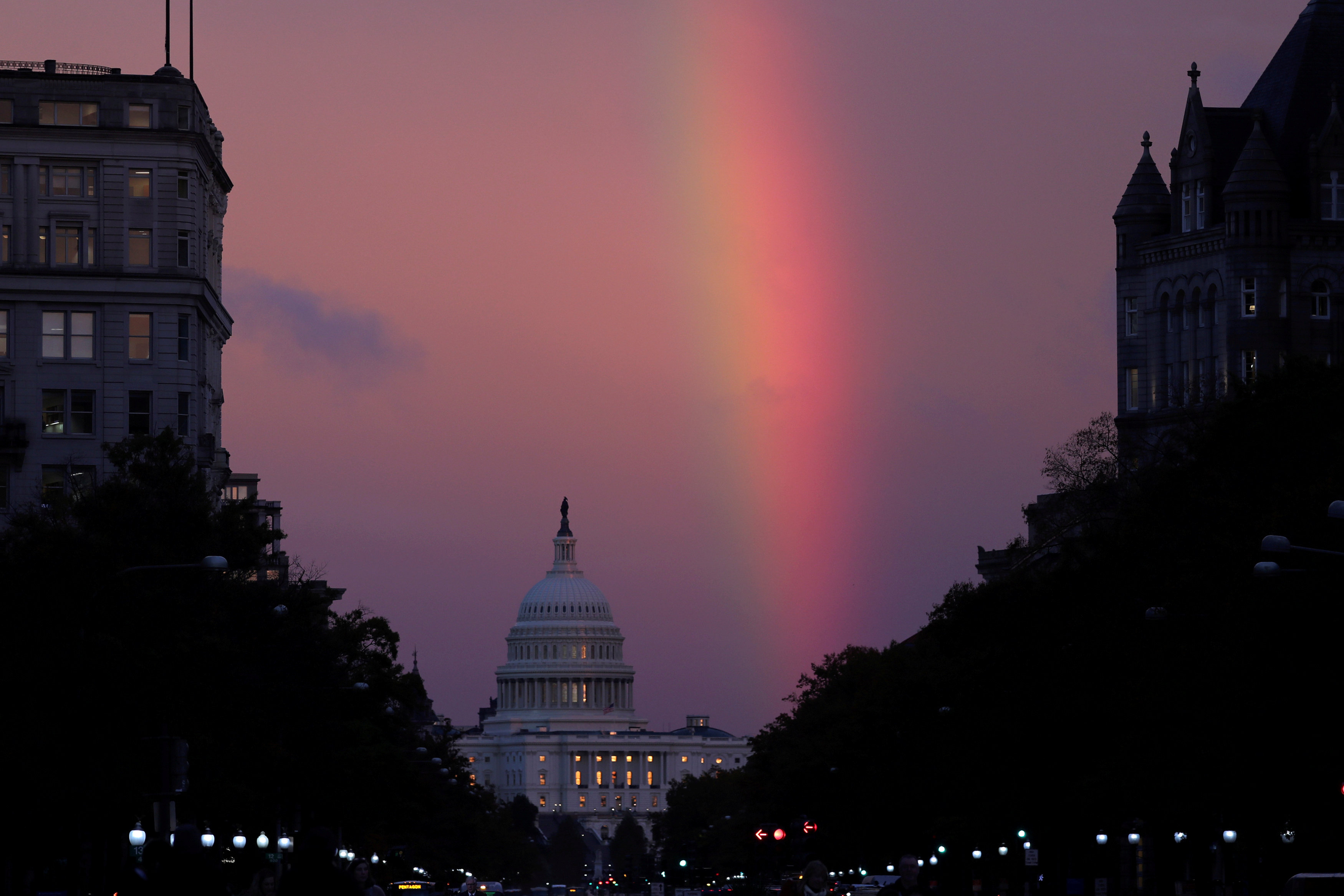 A rainbow forms over the U.S. Capitol as evening sets on midterm Election Day in Washington on Tuesday. 