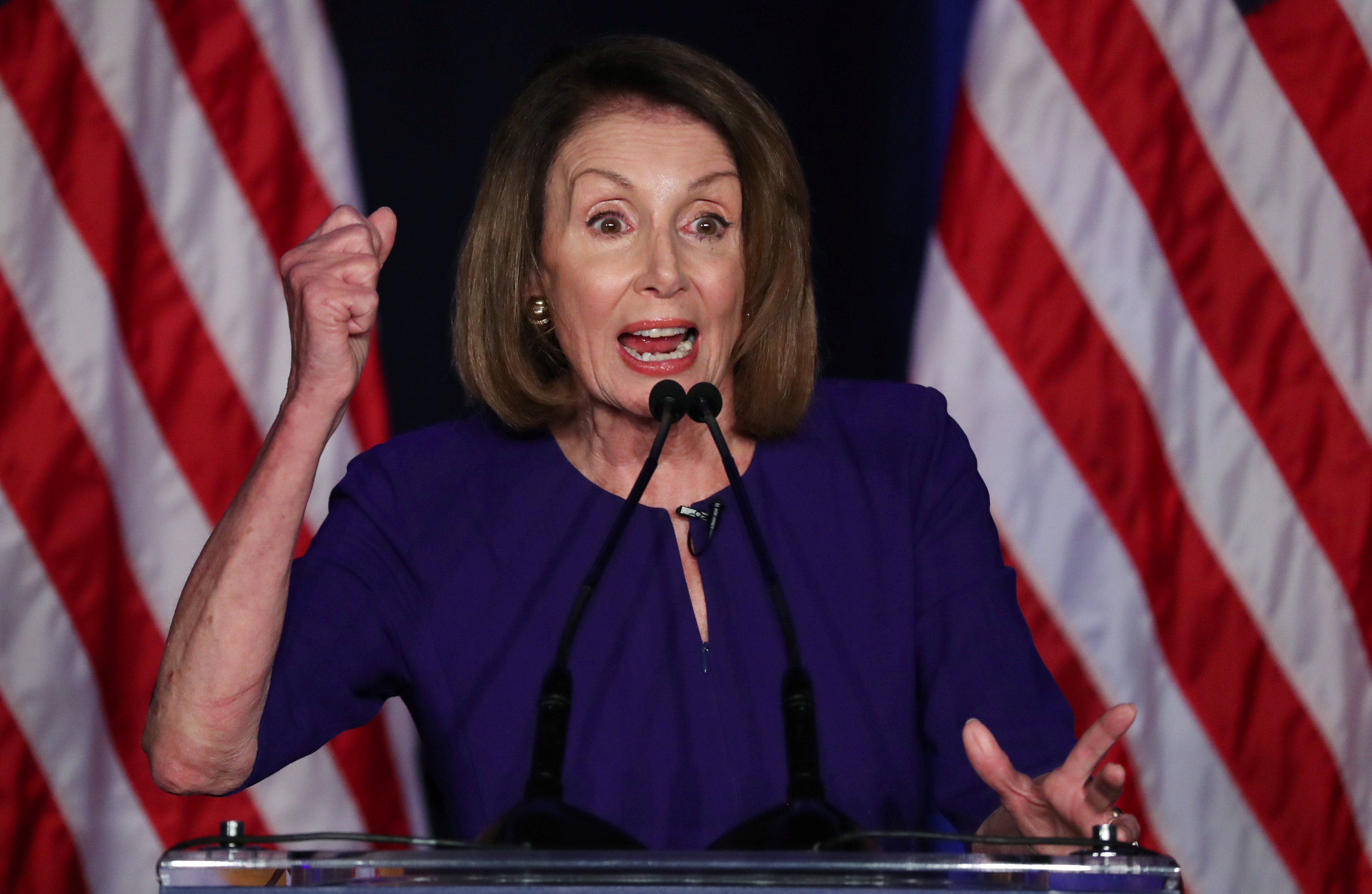U.S. House Minority Leader Nancy Pelosi reacts to midterm elections results at a Democratic election night rally in Washington on Tuesday.