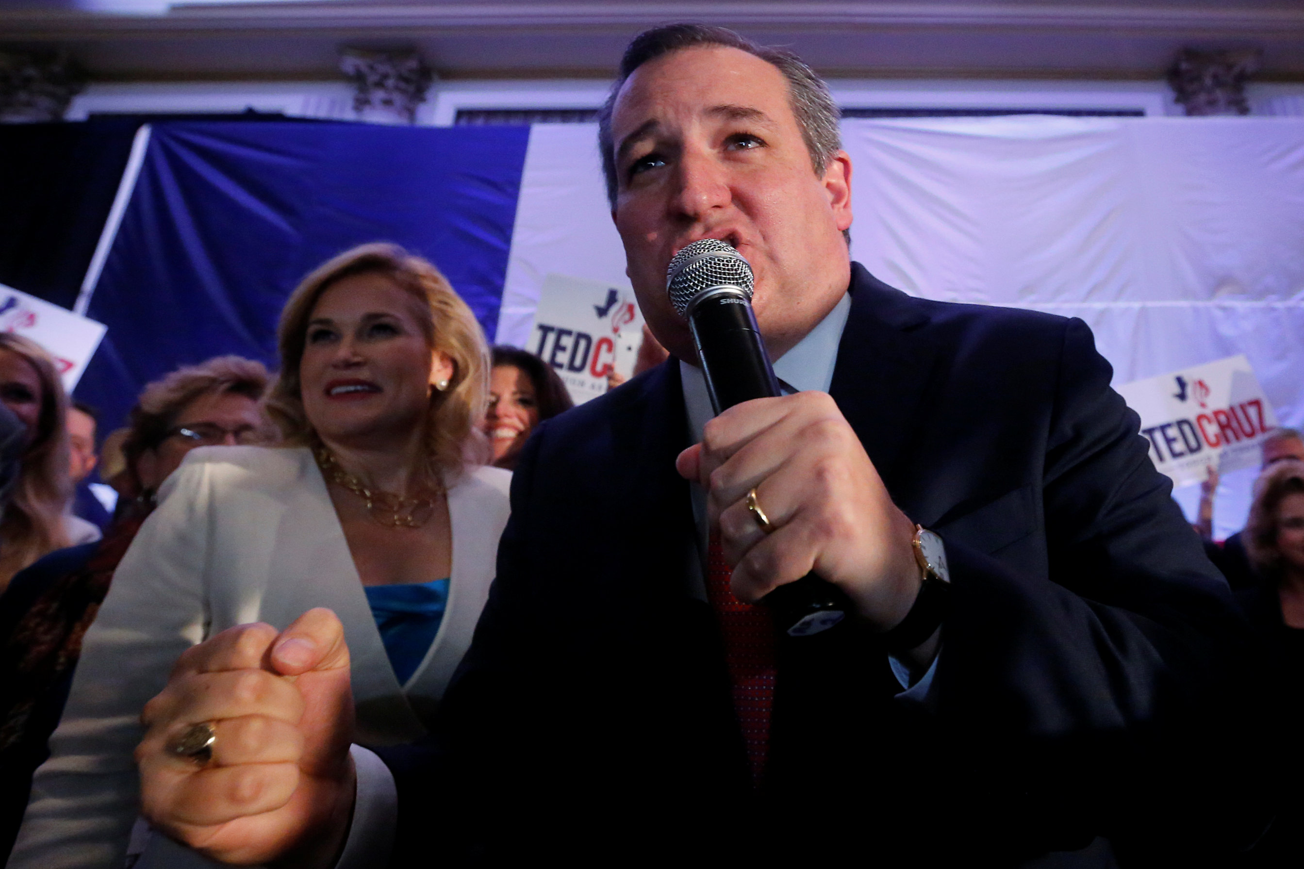 Republican U.S. Sen. Ted Cruz pumps his fist next to his wife, Heidi, as he speaks at his midterm election night party in Houston on Tuesday. Cruz was re-elected in a close race.