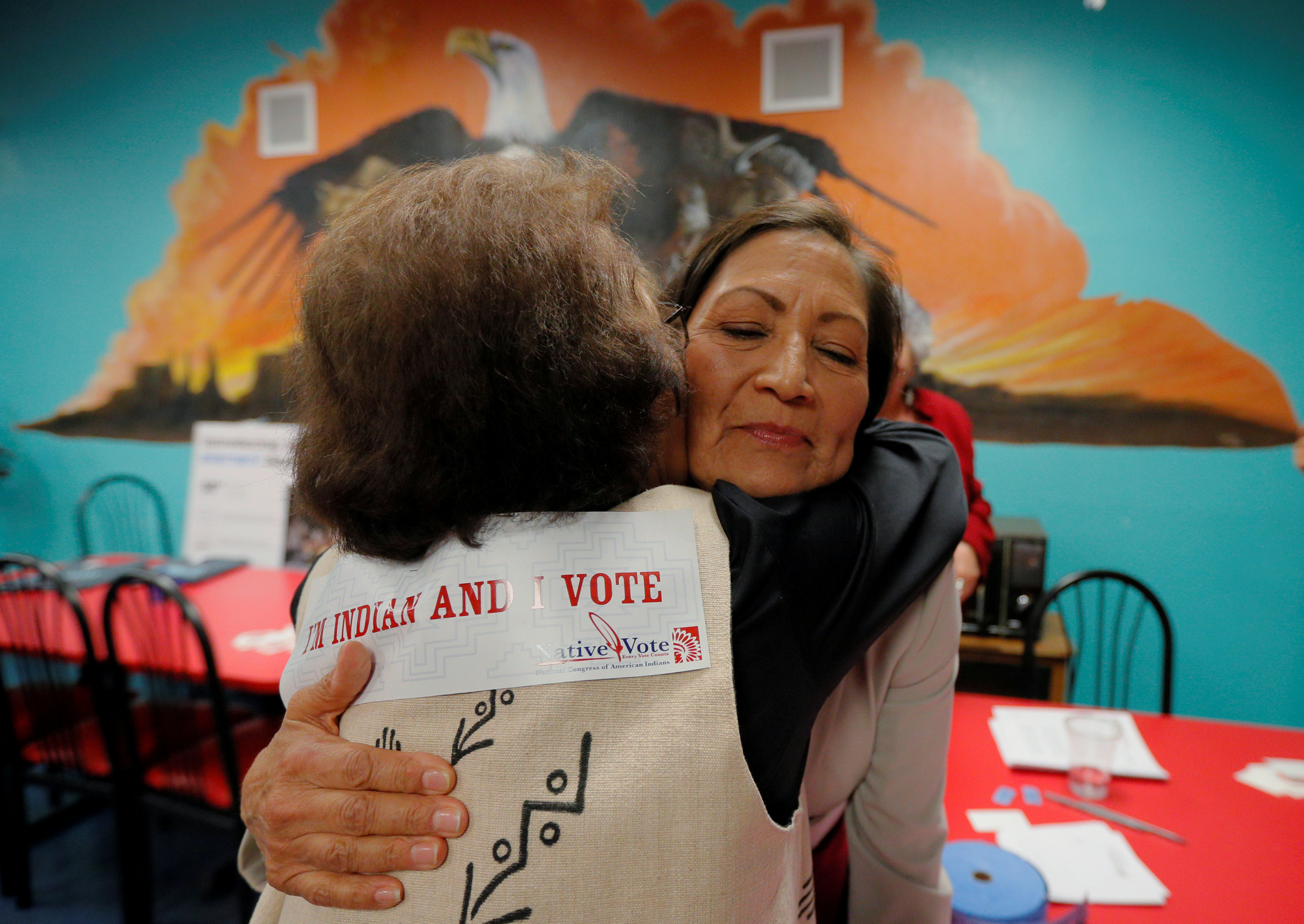 U.S. Democratic congressional candidate Deb Haaland, who became the first Native American woman in the U.S. House of Representatives, hugs Dottie Tiger at a midterm elections night party in Albuquerque, New Mexico, on Tuesday.