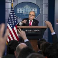 Director of the National Economic Council Larry Kudlow speaks at a press briefing at the White House in Washington Tuesday. | AFP-JIJI