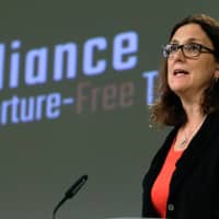 European Commissioner for Trade Cecilia Malmstrom addresses a press conference on World Trade Organization (WTO) reform and the Alliance for Torture-Free Trade at the European Commission in Brussels in September. The European Union is prepared to retaliate if U.S. President Donald Trump imposes new tariffs on auto imports, Malmstrom warned Wednesday. | AFP-JIJI