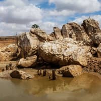 Rocks and mud are exposed by the low water level at this farm reservoir in Piket Bo-berg, Piketberg, north of Cape Town, in March. Cape Town is planning to beat future droughts by cutting down non-native trees including pine, acacia and eucalyptus. | AFP-JIJI