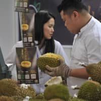 People work at a booth promoting Musang King durians at the Malaysia Durian Festival in Nanning, Guangxi Zhuang Autonomous Region, China, in November last year. | REUTERS