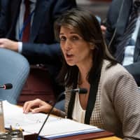 U.S. Ambassador to the U.N. Nikki Haley addresses the UNSC during a United Nations Security Council meeting on Ukraine Monday at the United Nations in New York. The United States on Monday warned Russia that \"outlaw actions\" like the seizure of Ukrainian ships in the Sea of Azov are preventing normal relations from developing between Washington and Moscow. | AFP-JIJI