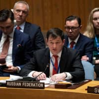 Russian Deputy Ambassador to the United Nations Dmitry Polyanskiy addresses the United Nations Security Council meeting on Ukraine Monday at the United Nations in New York. | AFP-JIJI