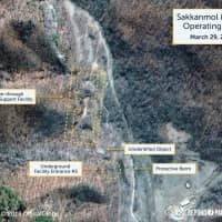 A satellite image taken March 29 shows what the Washington-based Center for Strategic and International Studies reports is an undeclared missile operating base at Sakkanmol, North Korea. | REUTERS