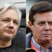 This photo combination created on Tuesday shows Wikileaks founder Julian Assange (left) at the Embassy of Ecuador in London and former Donald Trump presidential campaign manager Paul Manafort at Yankee Stadium in 2017 in New York. Donald Trump\'s former campaign chairman Paul Manafort held secret talks with WikiLeaks founder Julian Assange, including around the time the lobbyist joined Trump\'s bid to win the presidency, The Guardian reported on Tuesday. | AFP-JIJI