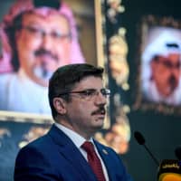 Yasin Aktay, a Justice and Development Party (AKP) member of the parliament and head of the Turkish Group of Inter-Parliamentarian Union, speaks during a commemoration event for the killed Saudi journalist Jamal Khashoggi in Istanbul on Sunday. | AFP-JIJI