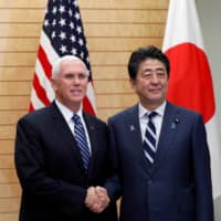U.S. Vice President Mike Pence meets with Prime Minister Shinzo Abe at Abe’s official residence in Tokyo on Tuesday. | REUTERS