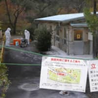 Officials disinfect a pig barn at a park in the city of Gifu on Friday, after confirming two of the pigs there were infected with swine fever. | KYODO