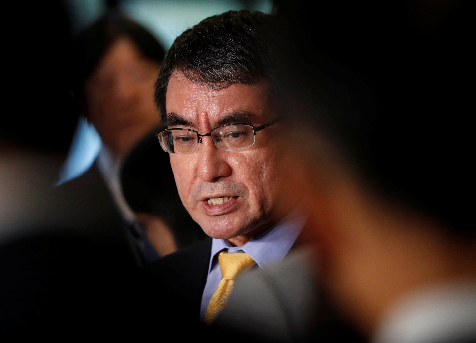 Foreign Minister Taro Kono speaks to the media Oct. 30 after meeting with South Korea’s ambassador to Japan following a South Korean Supreme Court ruling ordering a Japanese steel maker to pay compensation for wartime labor. | REUTERS