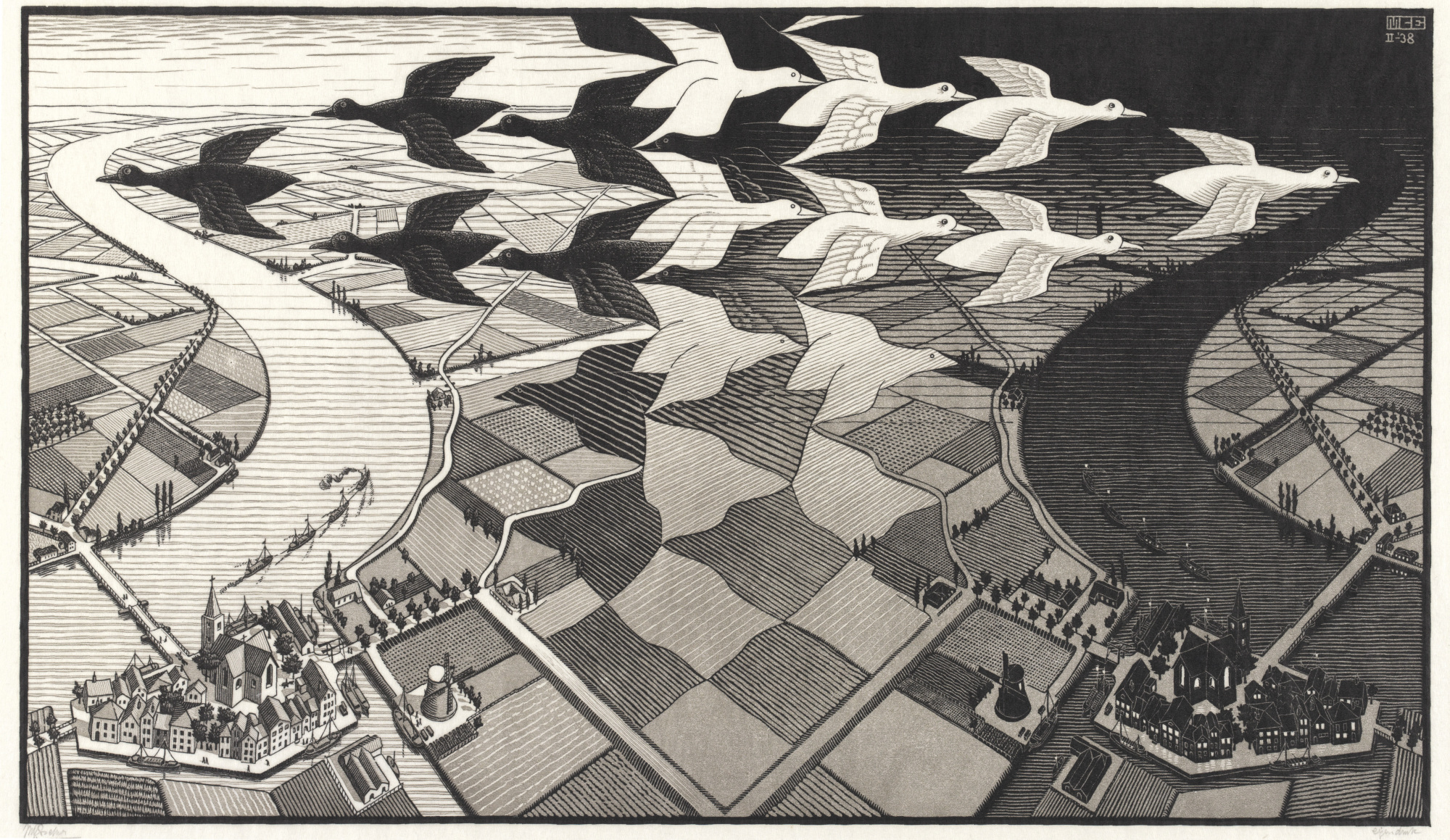 M.C. Escher's 'Day and Night' (1938) | ALL M.C. ESCHER WORKS © THE M.C. ESCHER COMPANY, THE NETHERLANDS. ALL RIGHTS RESERVED. WWW.MCESCHER.COM