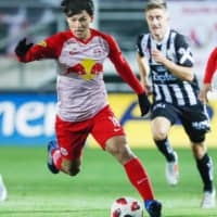 Salzburg\'s Takumi Minamino, seen in action on Saturday, scored against Austria Lustenau on Wednesday in an Austrian Cup match. | KYODO
