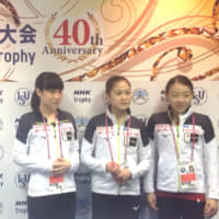 Skaters (from left) Mai Mihara, Satoko Miyahara, Rika Kihira are seen on Thursday at the women\'s draw for the NHK Trophy, which begins on Friday in Hiroshima. | JACK GALLAGHER
