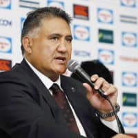 Brave Blossoms coach Jamie Joseph speaks at a news conference in Tokyo on Tuesday following the team\'s return from games against England and Russia. | KYODO
