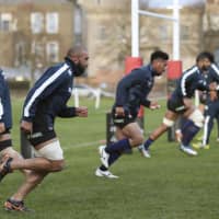 The 2018 results for the Brave Blossoms, seen here training during their recent trip to England, show that Japan is not guaranteed to advance out of the first round at the 2019 Rugby World Cup. | KYODO