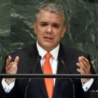 Colombia\'s President Ivan Duque addresses the United Nations General Assembly on Sept. 26. | AP