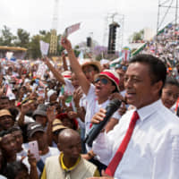 Madagascar presidential candidate Marc Ravalomanana addresses supporters during a campaign rally held at Mahamasina Stadium in Antananarivo on Nov. 3. | REUTERS