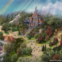 An artist\'s rendering shows how the new \"Beauty and the Beast\" attraction will look like when it opens in the spring of 2020 at Tokyo Disneyland in Chiba Prefecture. | ORIENTAL LAND CO. / VIA KYODO