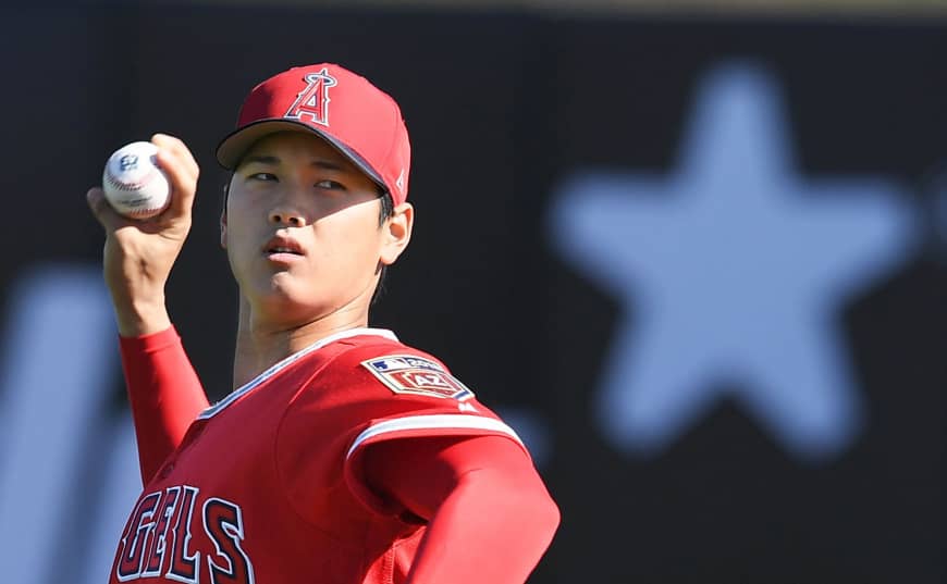Shohei Ohtani of the Los Angeles Angels practices at the team