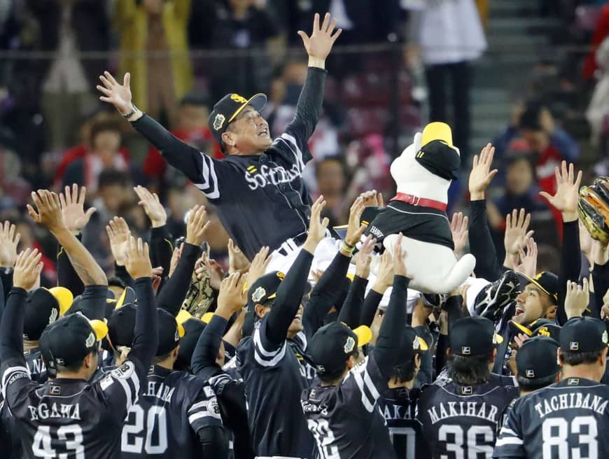 Fukuoka SoftBank Hawks manager Kimiyasu Kudo is tossed in the air after his team won the Japan Series title in November.