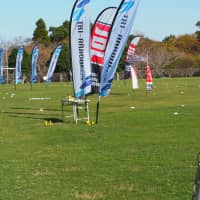 Drones prepare to race around a Japan Drone League course set up on a rugby pitch at Resol Seimei no Mori in Chiba Prefecture in October. | MARK THOMPSON