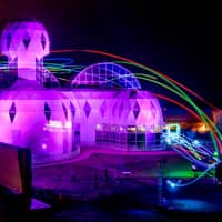Drones race around a Biosphere course in Tuscon, Arizona, during the third stage of Drone Racing League\'s 2018 season. | COURTESY OF DRONE RACING LEAGUE