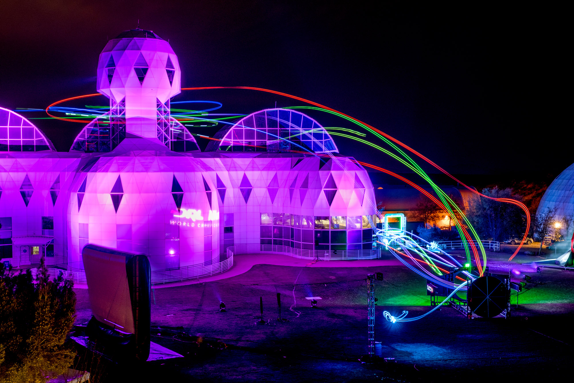 Drones race around a Biosphere course in Tuscon, Arizona, during the third stage of Drone Racing League
