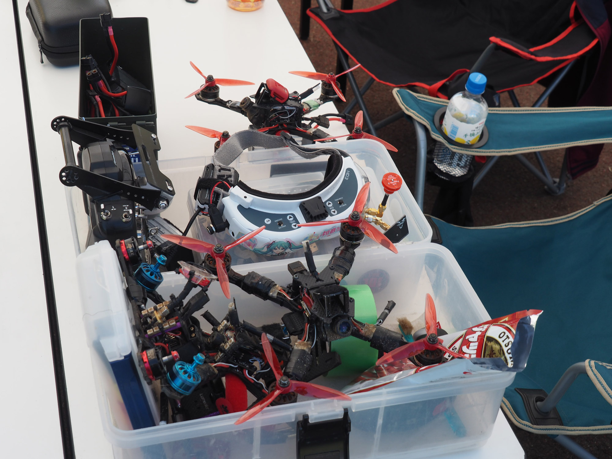 Drones await maintenance at the Japan Drone League event in Chiba Prefecture in October.