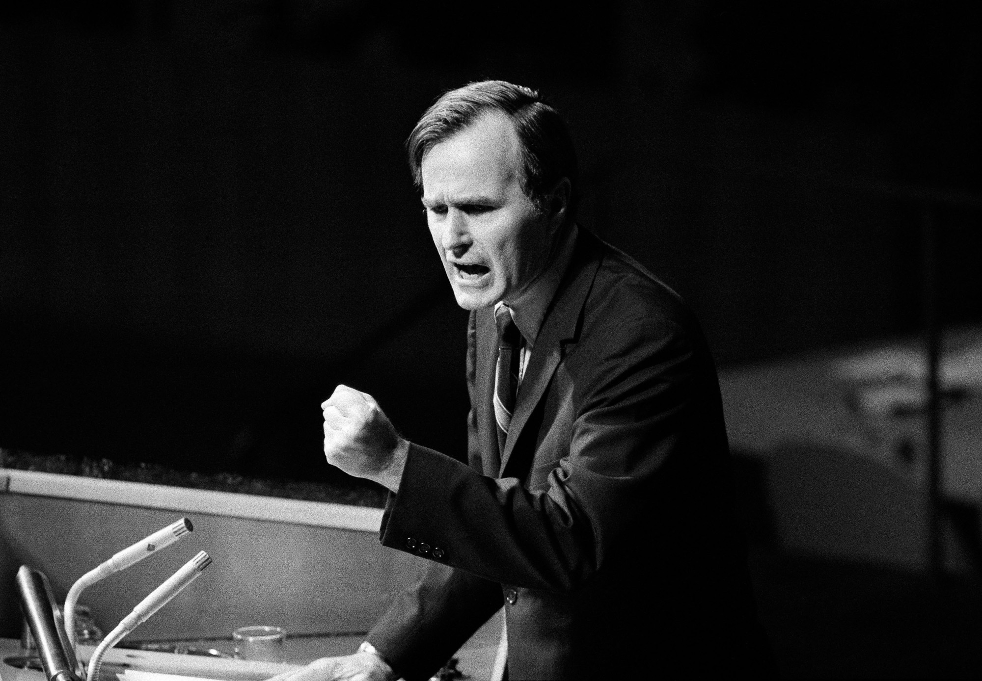 U.S. Ambassador George H.W. Bush gestures as he addresses the United Nations General Assembly during the China debate on Oct. 18, 1971. Bush died on Friday at the age of 94. | AP
