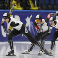 Japan\'s women pursuit team competes during a Division A heat at the speedskating World Cup at the Arena-Lodowa Speed Skating Stadium, in Tomaszow Mazowiecki, Poland, on Friday. | AP