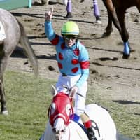 Christophe Lemaire reacts after riding Maillot Blanc to victory at Nakayama Racecourse on Friday. The French jockey picked up his 213th win of the year, eclipsing the previous single-season record of 212 wins set by Yutaka Take in 2005. | KYODO