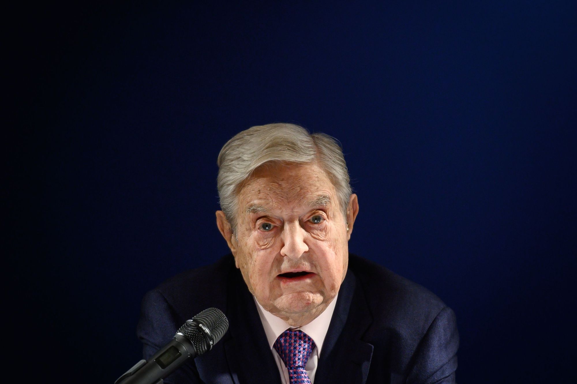 Hungarian-born U.S. investor and philanthropist George Soros delivers a speech on the sidelines of the World Economic Forum (WEF) annual meeting, on Thursday in Davos, eastern Switzerland. Billionaire Soros said Chinese President Xi Jinping was 'the most dangerous enemy' of free societies for presiding over a high-tech surveillance regime. | AFP-JIJI