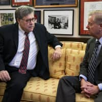 William Barr (left), attorney general nominee for U.S. President Donald Trump, speaks with Sen. Lindsey Graham, a Republican from South Carolina, during a meeting at the U.S. Capitol in Washington on Wednesday. Deputy Attorney General Rod Rosenstein is expected to leave after President Trump\'s pick for attorney general, Barr, is confirmed, according to a person familiar with the matter. | BLOOMBERG