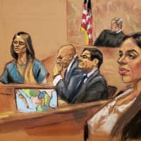 Lucero Guadalupe Sanchez Lopez, girlfriend (second. left) of accused Mexican drug lord Joaquin \"El Chapo\" Guzman (second, right), testifies as Guzman\'s wife, Emma Coronel (right) looks on from the gallery, with Guzman\'s defense attorney Eduardo Balarezo (center) and prosecutor Anthony Nardozzi listening, in this courtroom sketch in Brooklyn federal court, in New York City Jan. 17. | JANE ROSENBERG / VIA REUTERS