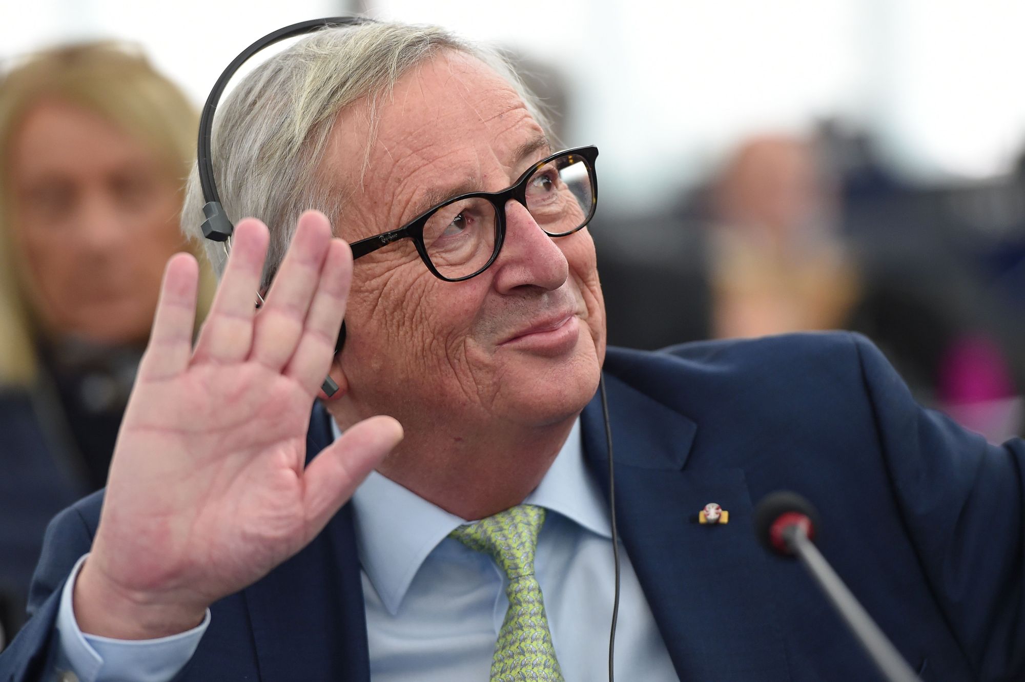 European Commission President Jean-Claude Juncker waves prior to a debate during a plenary session at the European Parliament on Jan. 15 in Strasbourg, eastern France. | AFP-JIJI