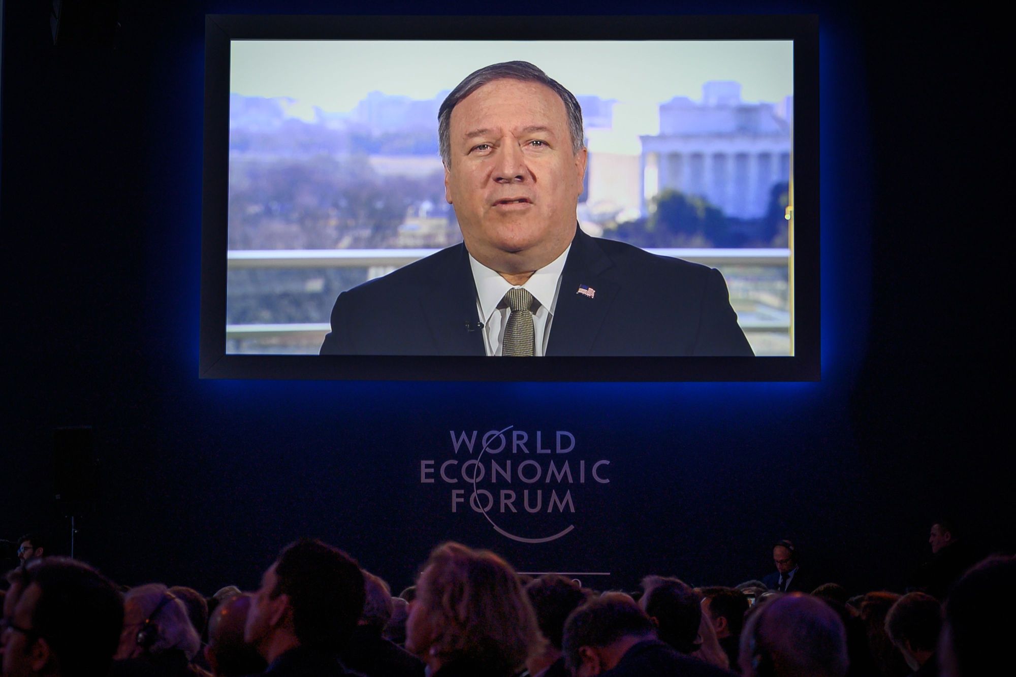 U.S. Secretary of State Mike Pompeo addresses the World Economic Forum in Davos, Switzerland, via satellite link from Washington on Tuesday. | AFP-JIJI